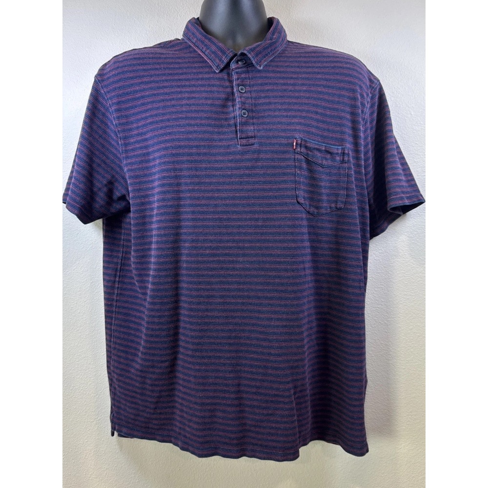 Levi's Mens Polo‎ Shirt XXL Navy Blue Red Stripe Short Sleeve Pocket Casual - Picture 2 of 5